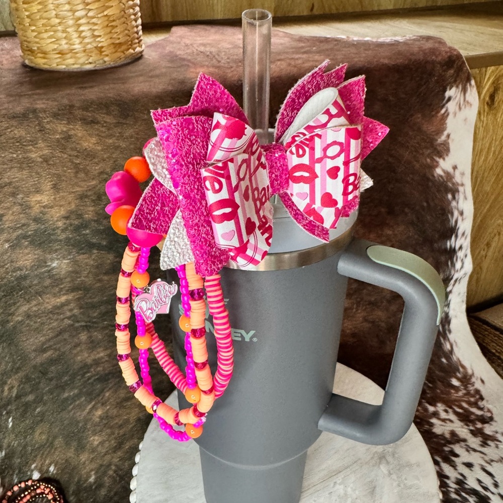Stanley bow topper bracelet stack handle charm Barbie pink orange set